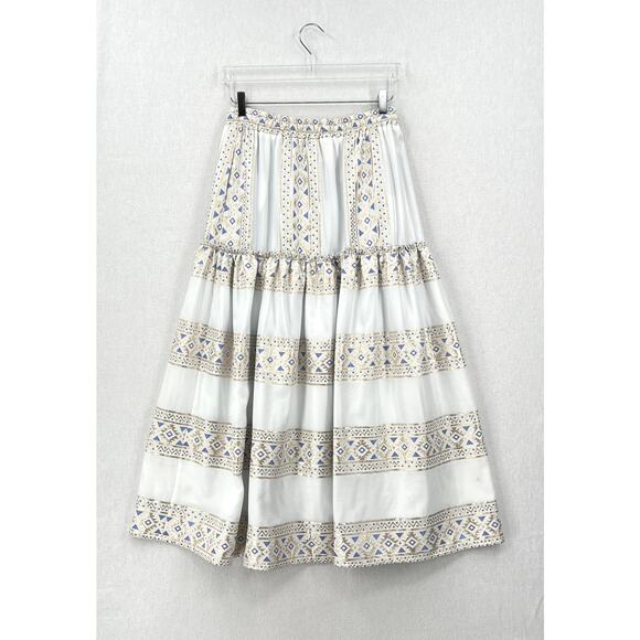 KASIA Ariel Maxi Skirt Womens Medium White Metallic Gold Blue Aztec Print Tiered - Picture 6 of 13
